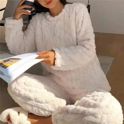 Soft Coral Velvet Jacquard Warm Pajama Set for Women