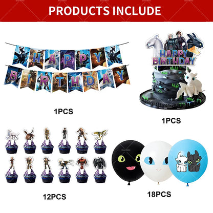 How to Train Your Dragon Party Decorations Set - Foil Balloons, Birthday Banner & Cake Toppers