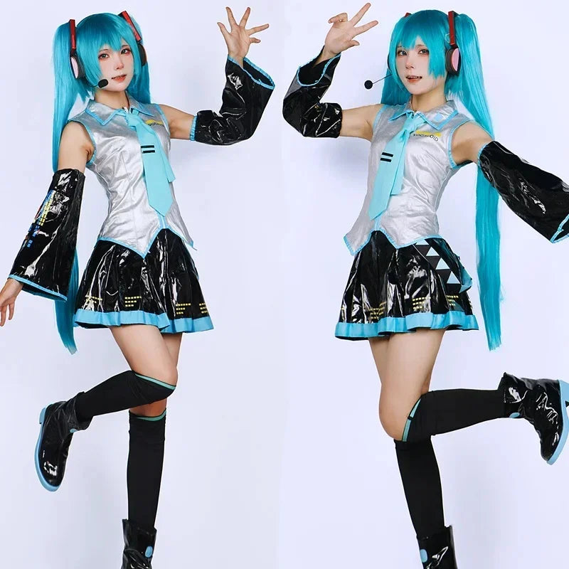 Hatsune Miku Cosplay Costume Set, Silver Leather JK Sailor Dress Uniform Outfit
