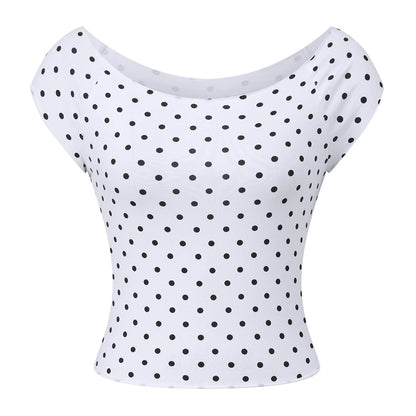 Women's Dot Print Off-Shoulder Short Sleeve Crop Top