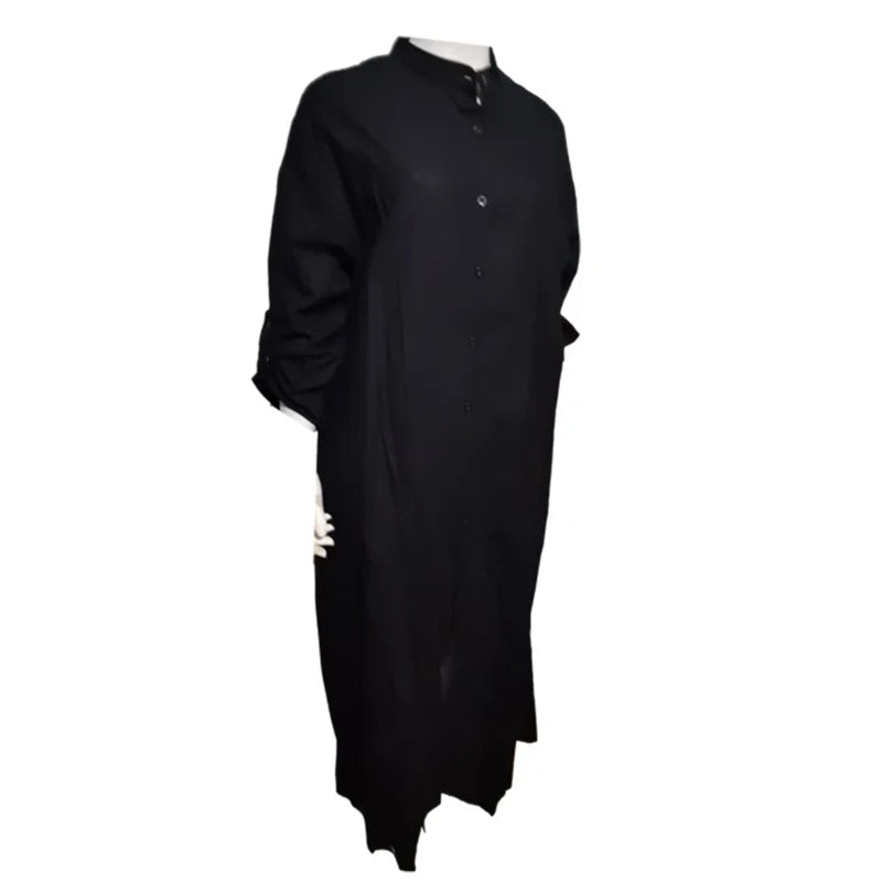 Women’s Casual Cotton-Linen Blend Maxi Dress – Loose Fit Floor-Length Shirt Dress with Pockets
