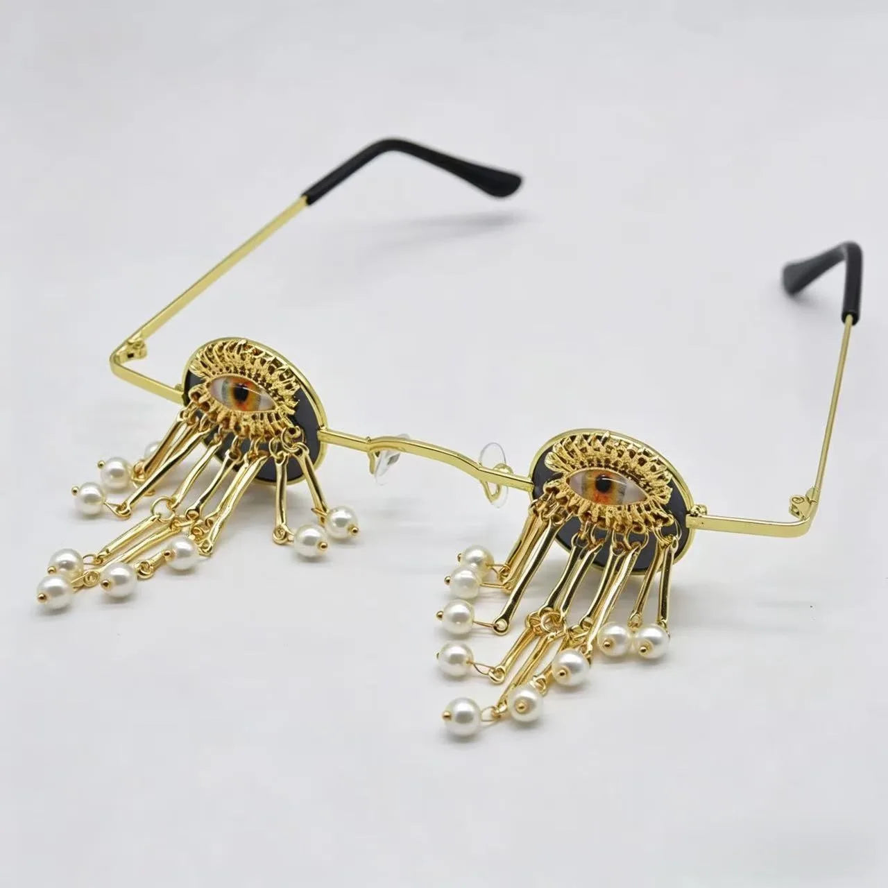 Retro Small Round Evil Eye Sunglasses with Pearl Tassels