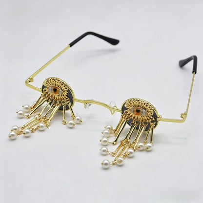 Retro Small Round Evil Eye Sunglasses with Pearl Tassels