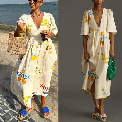 Women's Boho Printed V-Neck Puff Sleeve Loose Vacation Maxi Dress