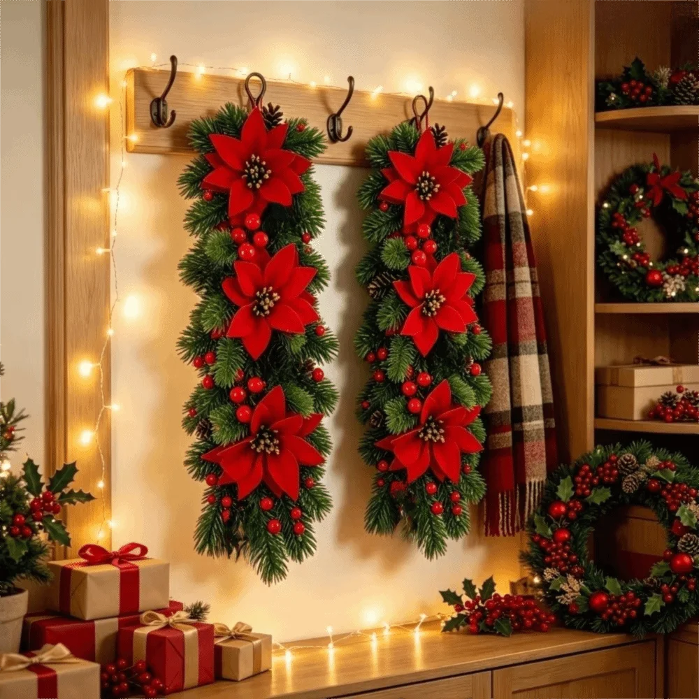 Wall-Mounted Christmas Hanging Vine with Red Berries & Poinsettia