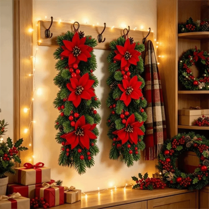 Wall-Mounted Christmas Hanging Vine with Red Berries & Poinsettia