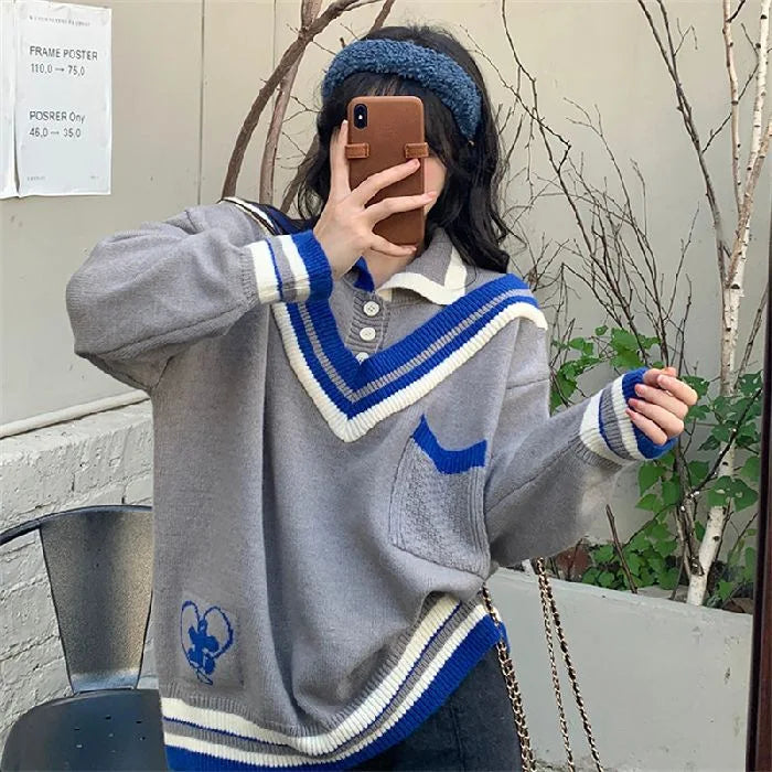 Women’s College Style Spliced Polo Collar Knitted Sweater