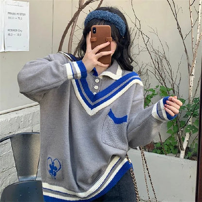 Women’s College Style Spliced Polo Collar Knitted Sweater