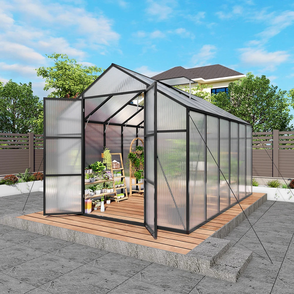 SUSUA 8x12FT Polycarbonate Raised Base and Anchor Aluminum Heavy Duty Greenhouse