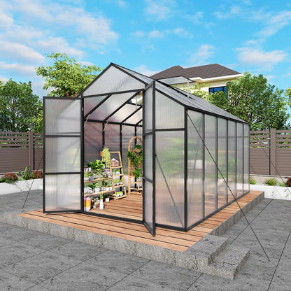 SUSUA 8x12FT Polycarbonate Raised Base and Anchor Aluminum Heavy Duty Greenhouse