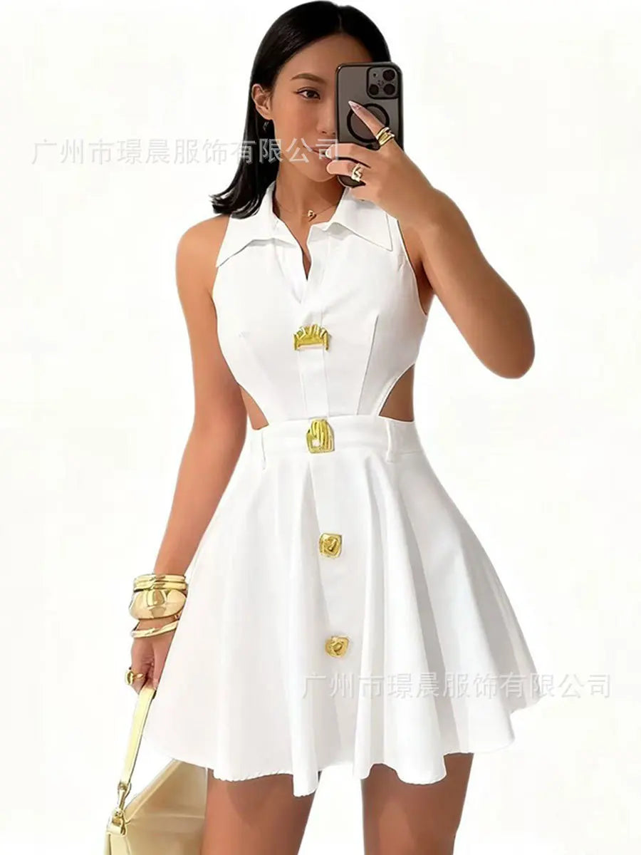 Women's Casual Sleeveless Hooded V-Neck Midi Dress with Side Buttons & Pockets