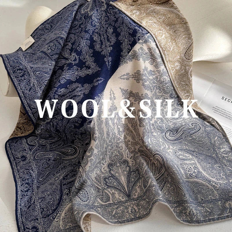 Women's Luxury Silk & Wool Blend Paisley Square Scarf