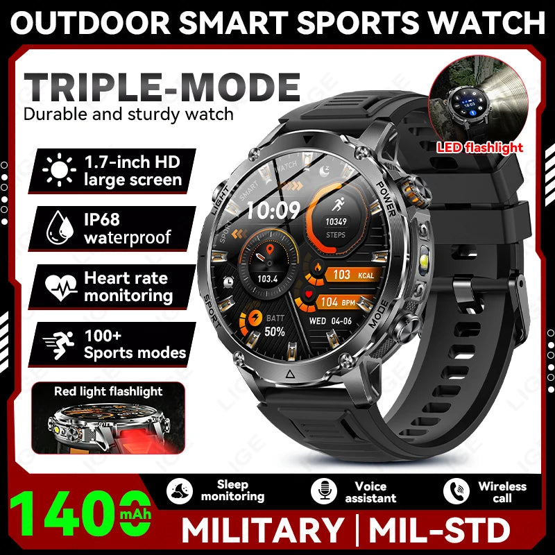 Military Outdoor Smartwatch with Flashlight