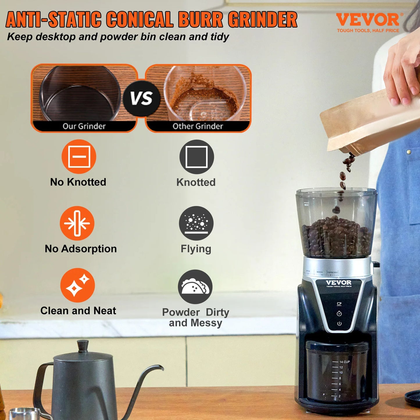 VEVOR 40MM Conical Burr Grind Setting Coffe Bean Electric Espresso Coffee Machine