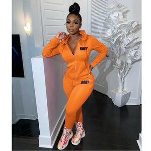 Body Letter Piece Zipper Fly Hoodie and Pants Set