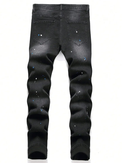 Men’s Ripped Patchwork Slim Fit Stretchy Jeans