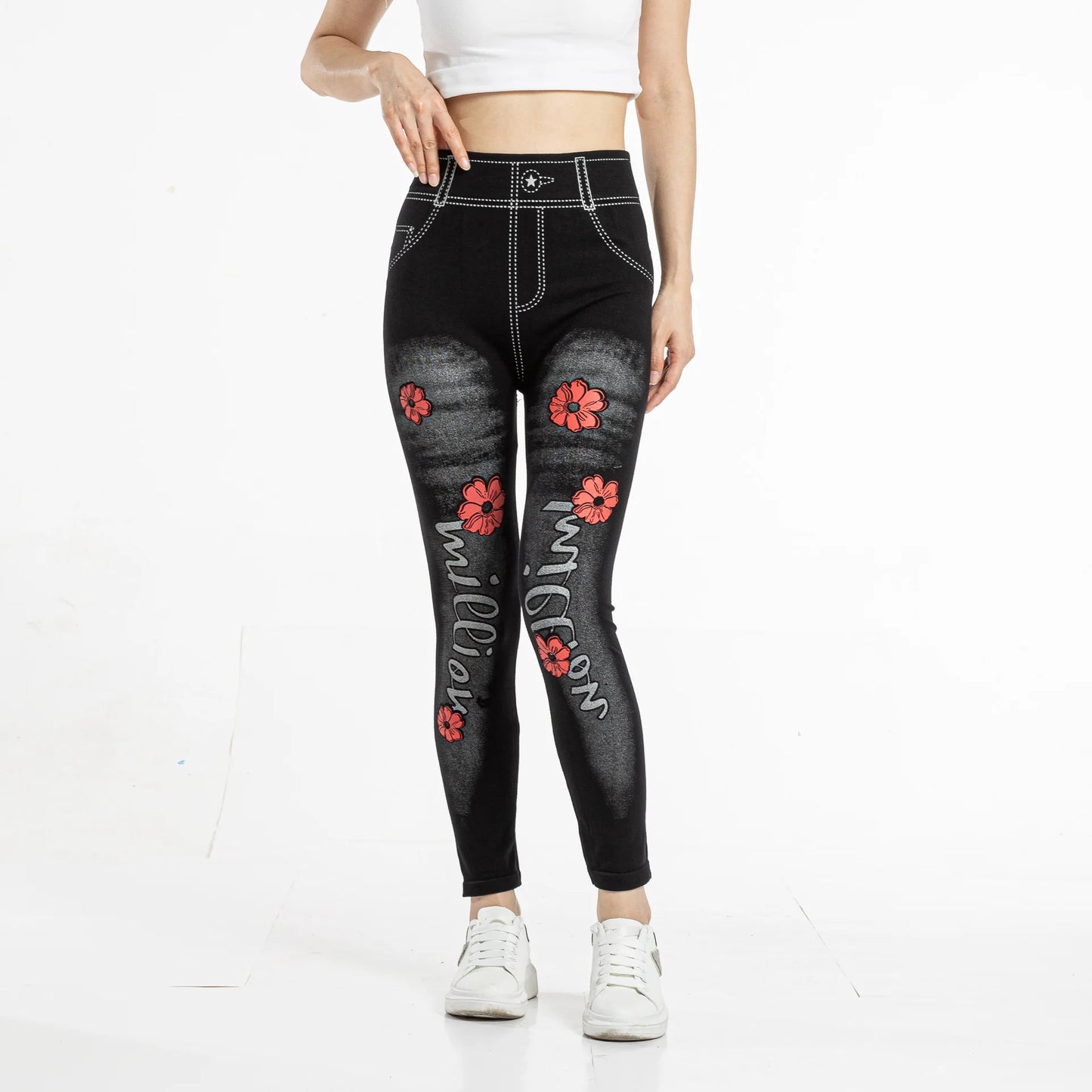 Women's High-Waisted Printed Faux Denim Jeggings – Tummy Control & All-Day Stretch