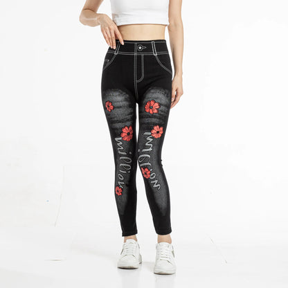 Women's High-Waisted Printed Faux Denim Jeggings – Tummy Control & All-Day Stretch