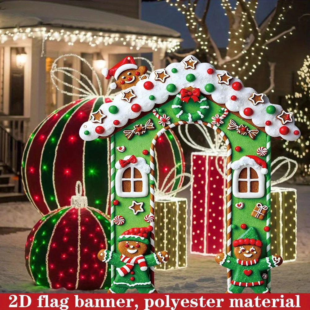 2D FLAT 1Pc Green Christmas Gingerbread House Outdoor Door Banner - Polyester Fabric Photo Backdrop
