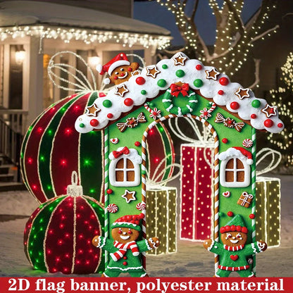 2D FLAT 1Pc Green Christmas Gingerbread House Outdoor Door Banner - Polyester Fabric Photo Backdrop