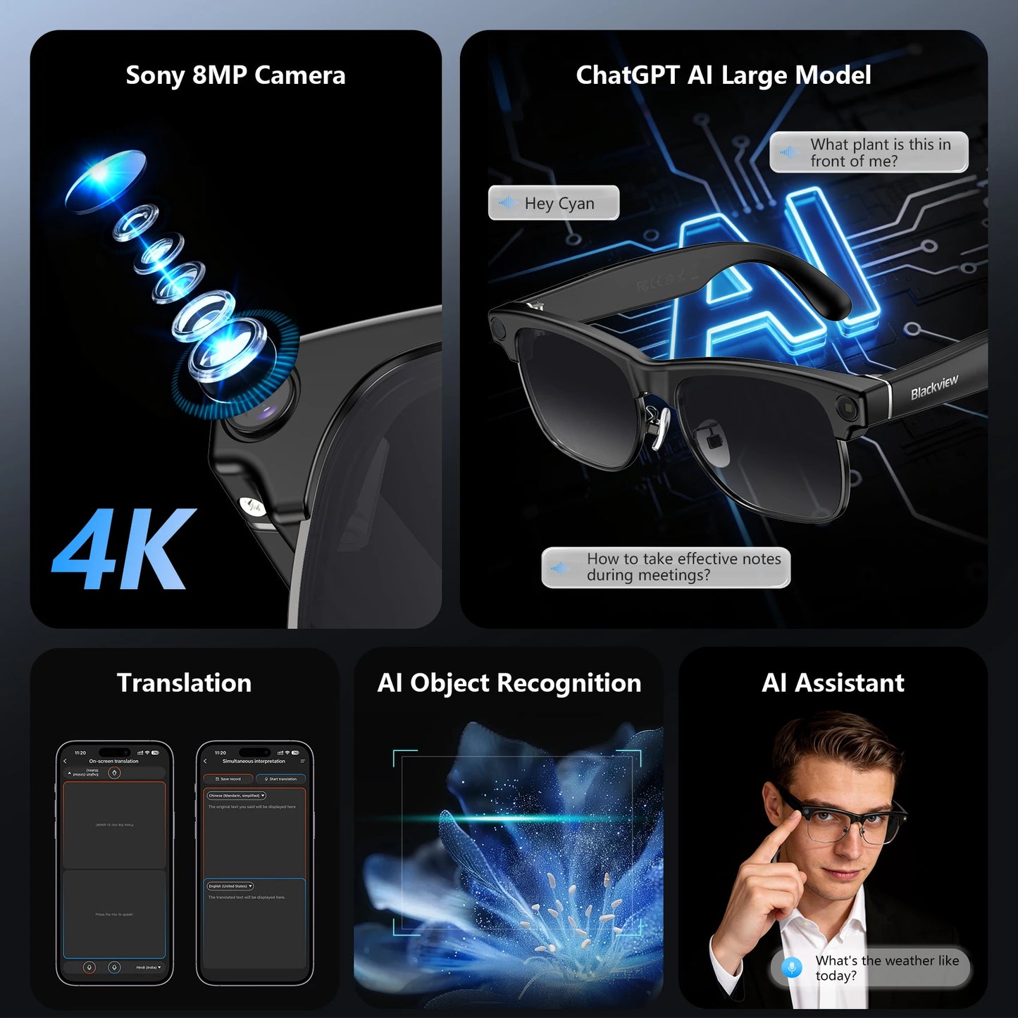 Blackview BV200 Smart AI Glasses with 8MP 4K Camera & AI Translation