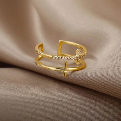 18K Gold Plated Zircon Geometric Open Ring – Trendy Waterproof Stainless Steel Jewelry