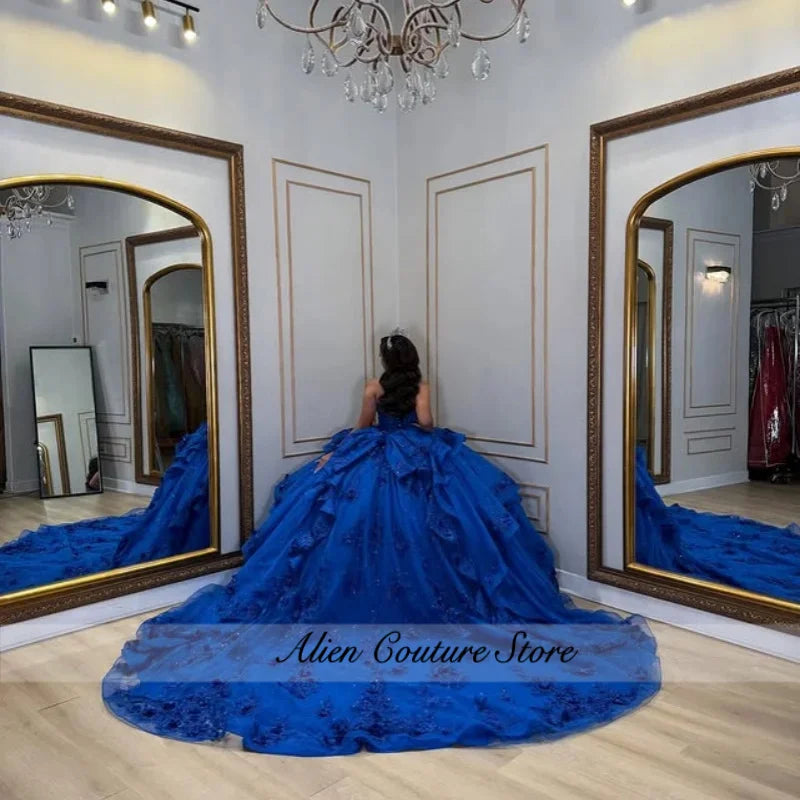 Lace Layering Glitter Decal Long Tail 3D Flower Bow Quinceanera Dress