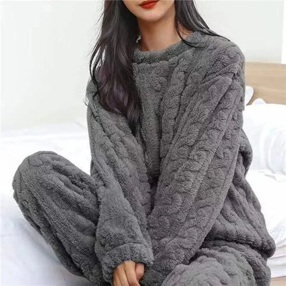 Soft Coral Velvet Jacquard Warm Pajama Set for Women
