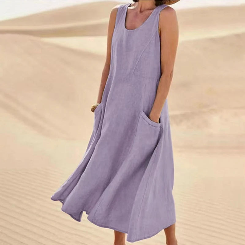 Women's Summer Cotton Linen Sleeveless Loose Maxi Dress with Pockets