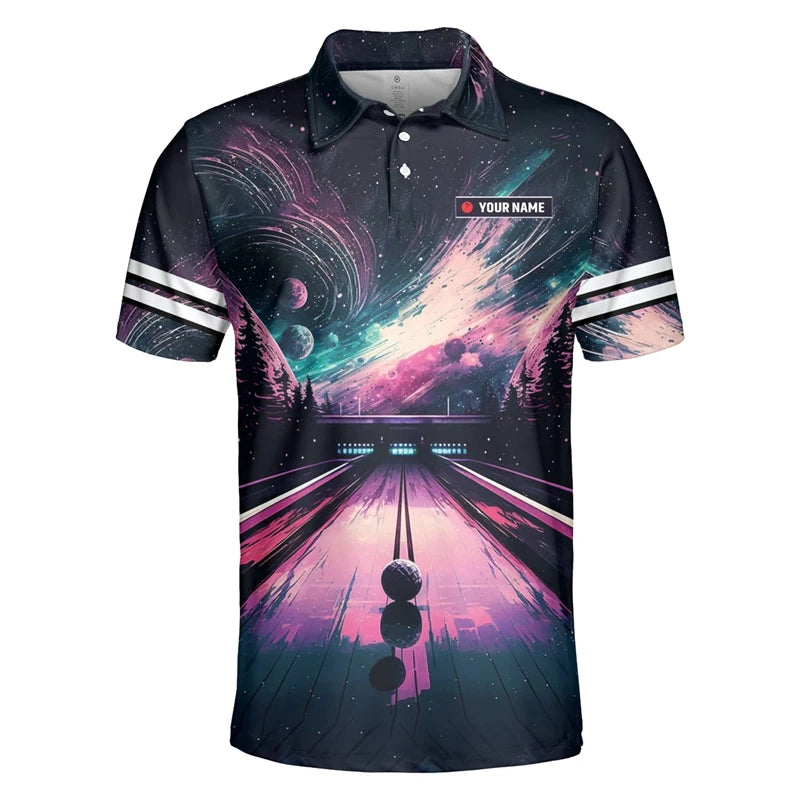 Men's Custom Name Cosmic Bowling Graphic Polo Shirt