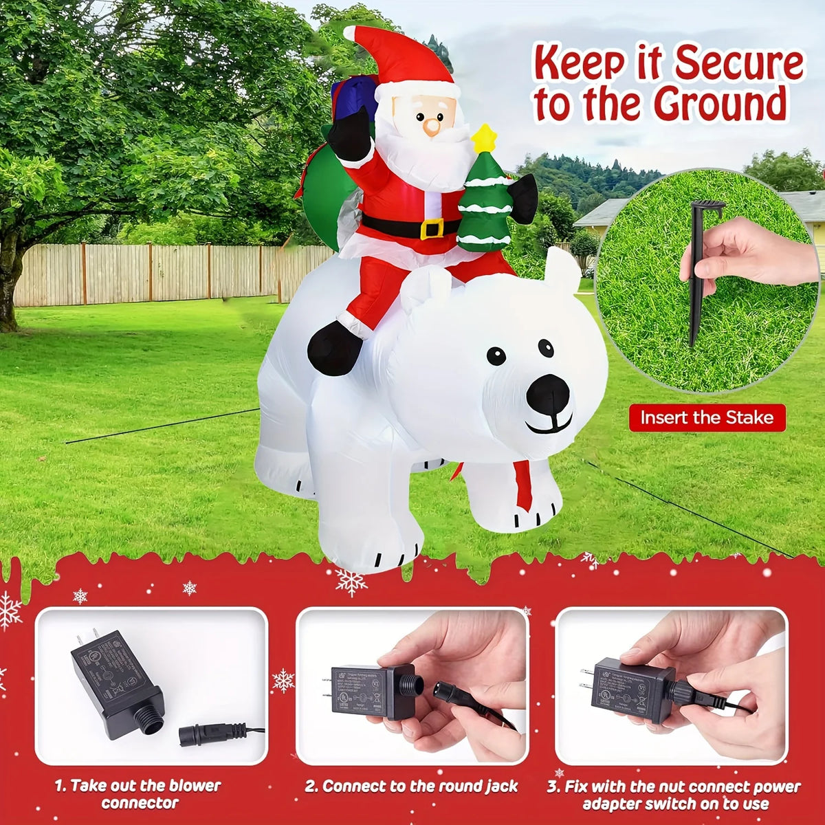 6.56ft Inflatable Santa Claus Riding Polar Bear with LED Lights & Shaking Head