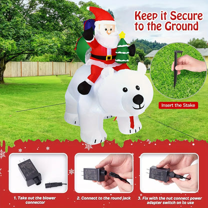 6.56ft Inflatable Santa Claus Riding Polar Bear with LED Lights & Shaking Head