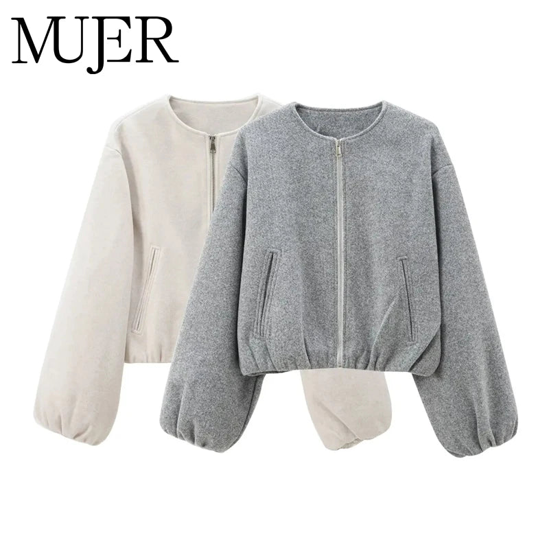 MUJER Women's Casual Cropped Fleece Bomber Jacket