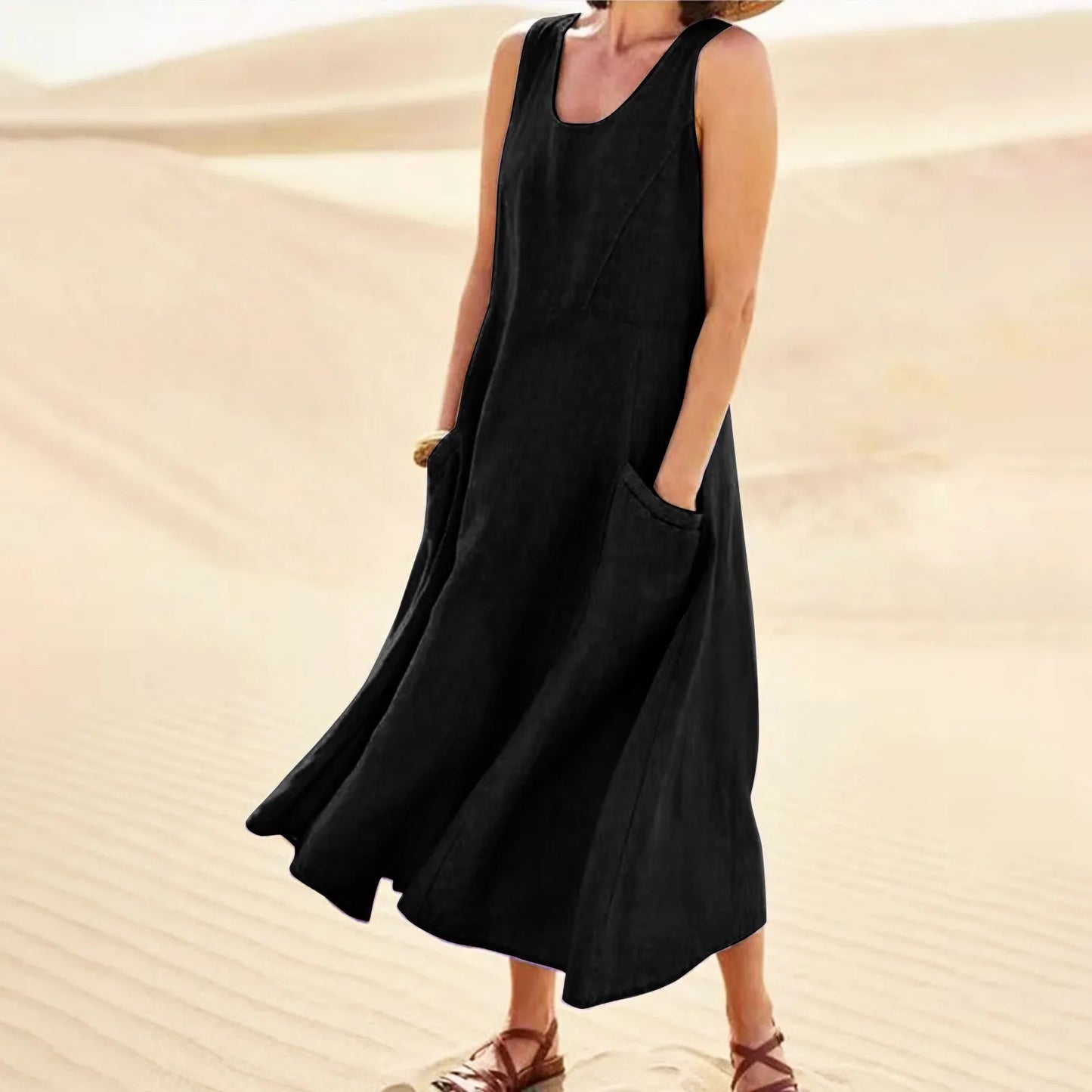 Women's Casual Sleeveless Cotton Linen Long Maxi Dress with Pockets