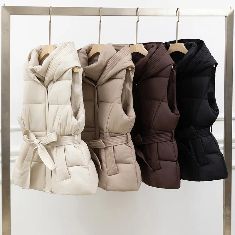 Women's Quilted Puffer Vest - Belted Warm Winter Hooded Sleeveless Coat