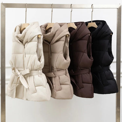 Women's Quilted Puffer Vest - Belted Warm Winter Hooded Sleeveless Coat