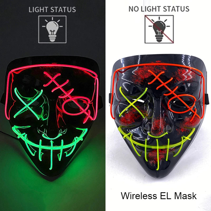 LED Light-Up Neon Wire Purge Mask – 3-Mode Halloween Horror Cosplay Mask for Adults