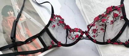 YUQI Women's French Floral Embroidered Lingerie Set