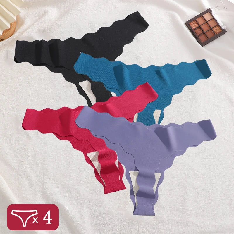 4Pcs Low-Waist Wave Edge Thongs