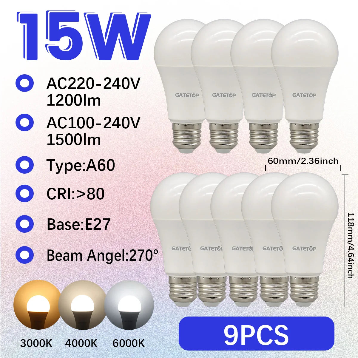 High-Efficiency Energy Saving LED Light Bulb – E27/B22 Base (15W / 3000K–6000K)