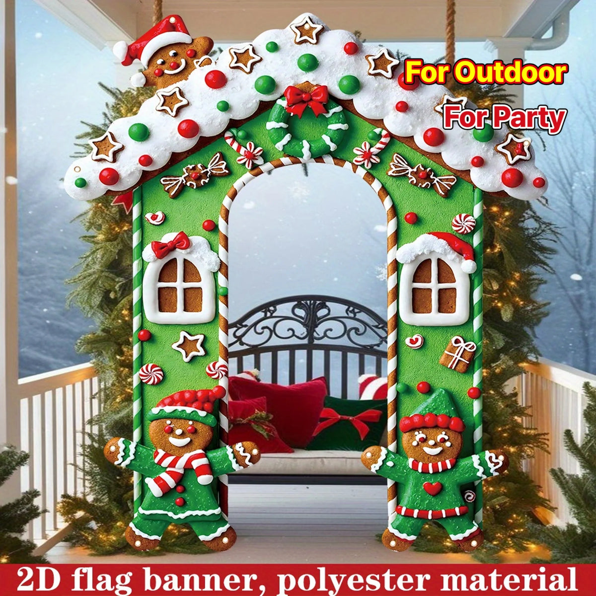 2D FLAT 1Pc Green Christmas Gingerbread House Outdoor Door Banner - Polyester Fabric Photo Backdrop