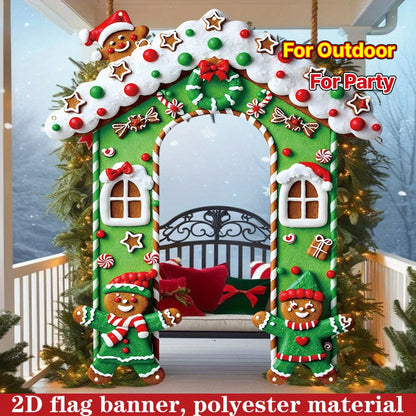 2D FLAT 1Pc Green Christmas Gingerbread House Outdoor Door Banner - Polyester Fabric Photo Backdrop