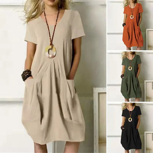 Women’s Cotton Linen Short-Sleeve Midi Dress – Casual Summer Dress with Pockets