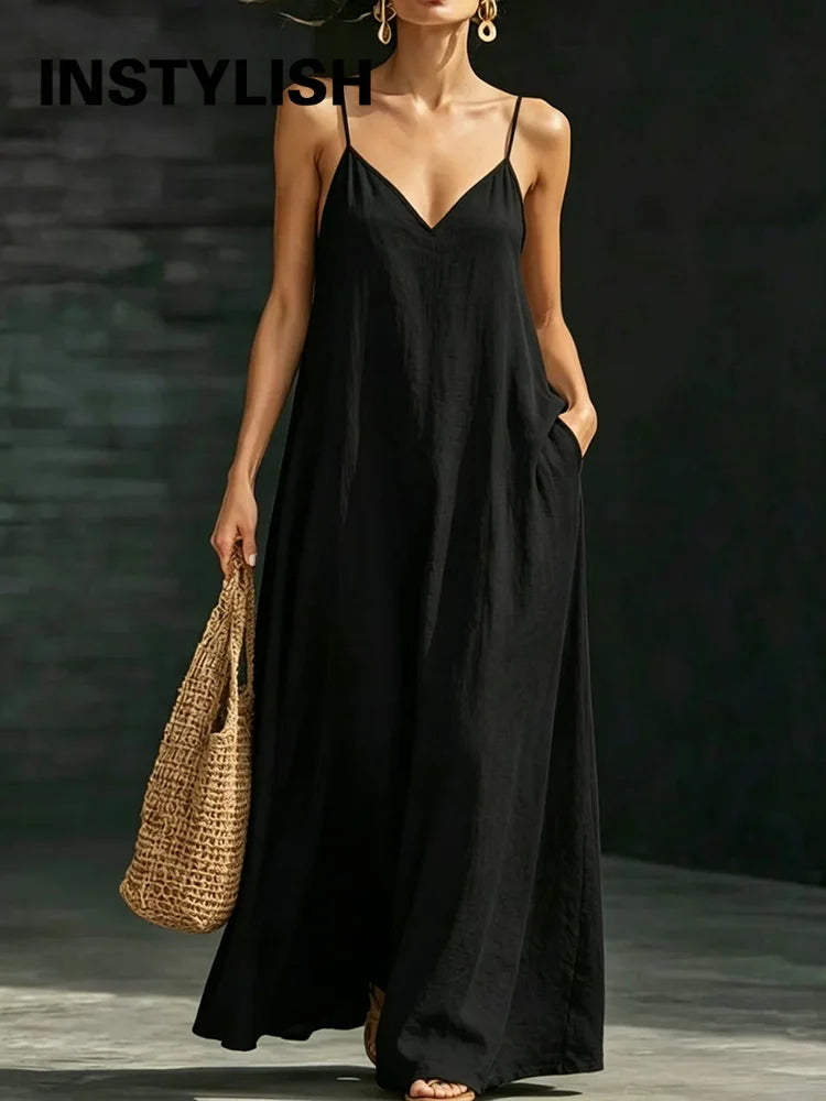 Women’s Casual V-Neck Spaghetti Strap Maxi Dress – Loose Swing Summer Beach Sundress