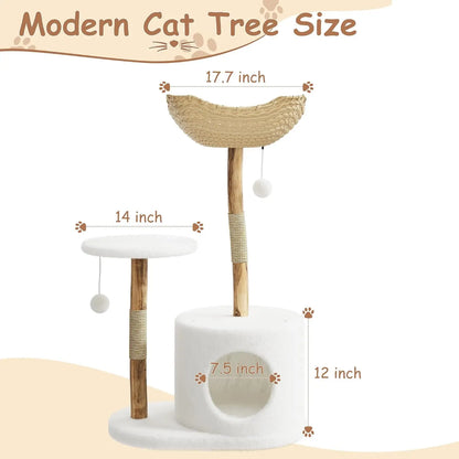 Tacleekii Natural Wood Cat Tree Tower with Wicker Basket Perch & Sisal Scratching Posts