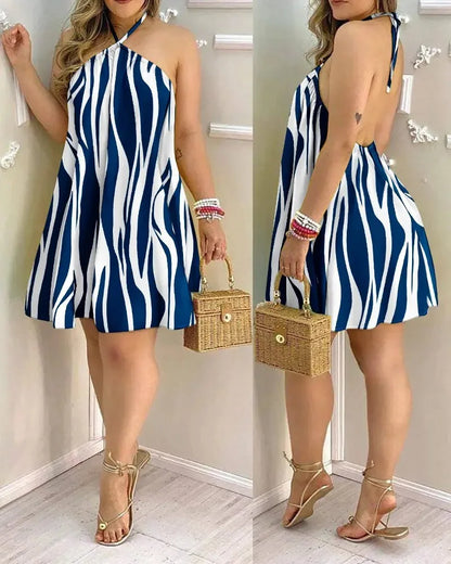Women's Tropical Leaf Print Halter Neck Mini Dress – Sleeveless Backless Beach Sundress