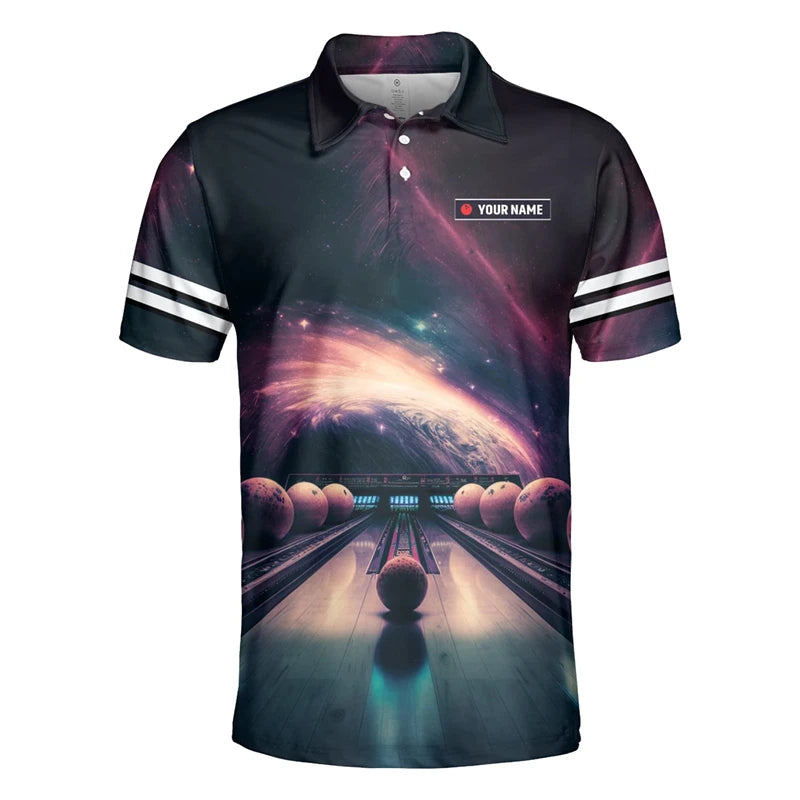 Men's Custom Name Cosmic Bowling Graphic Polo Shirt