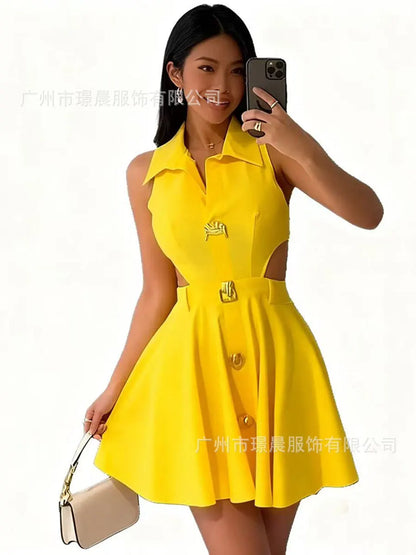 Women's Casual Sleeveless Hooded V-Neck Midi Dress with Side Buttons & Pockets