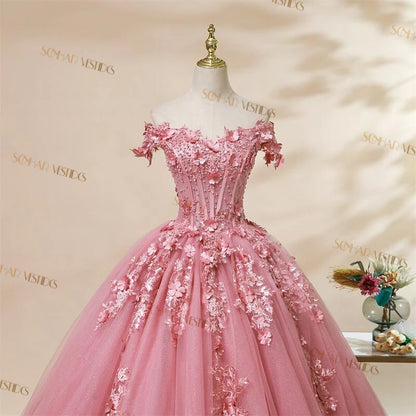 Off-The-Shoulder Floral Applique Quinceañera Ball Gown