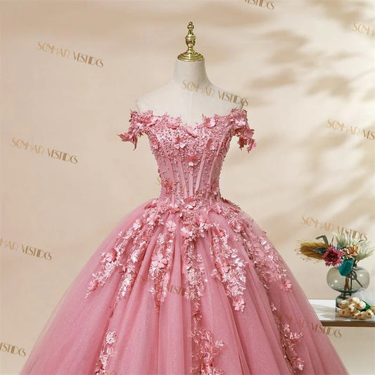 Off-The-Shoulder Floral Applique Quinceañera Ball Gown